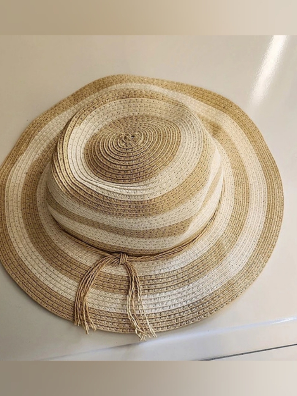 Striped Straw Floppy Hat in Tan & White